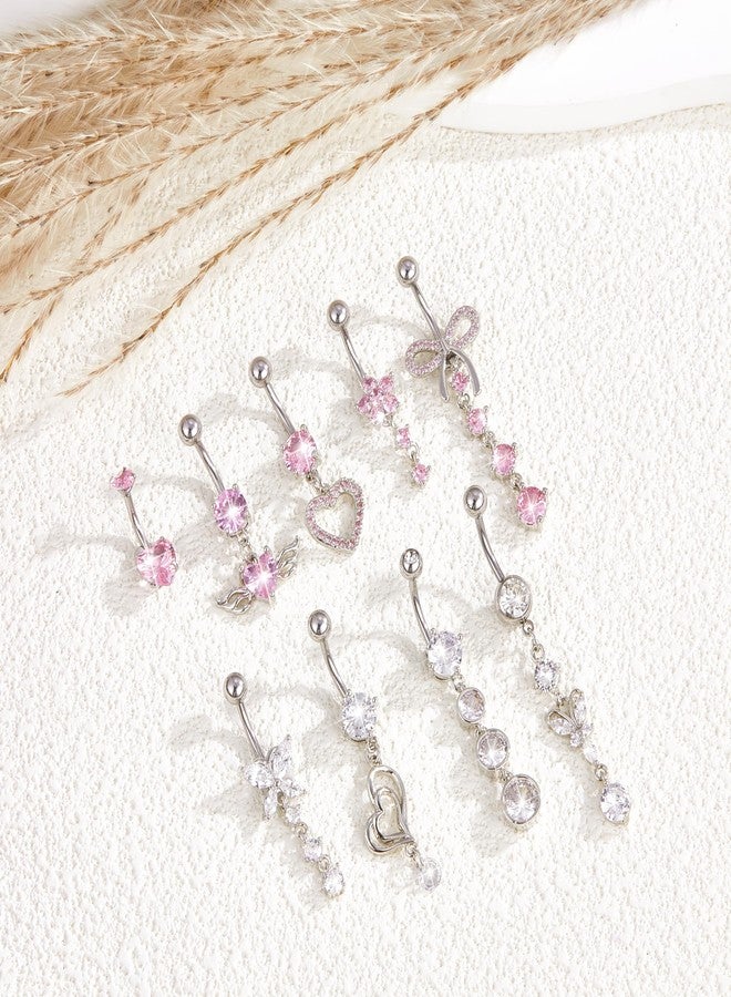 MEDOJO 9Pcs Belly Button Ring Pink White Surgical Stainless Steel Bow Butterfly Heart Flower Navel Ring Belly Piercing for Women - Image 5